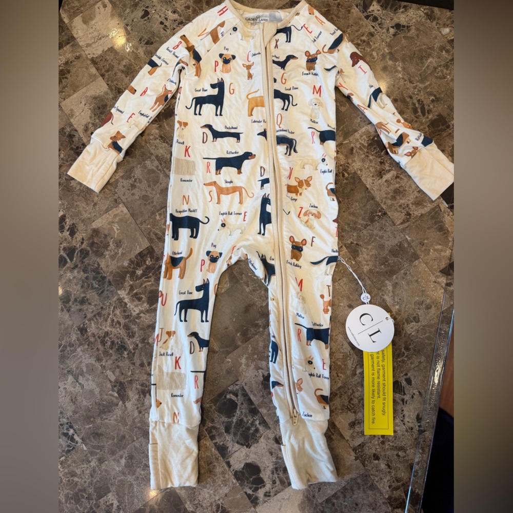 Caden Lane Cream Footed Bamboo Zip One-Piece with Dog & Alphabet Print
